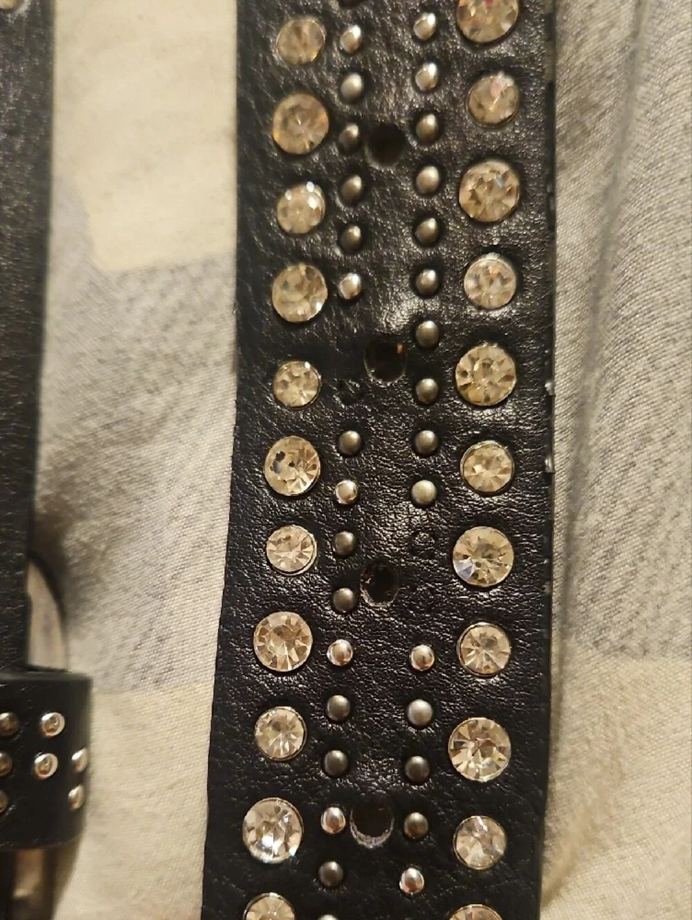 Black Studded Leather Belt with Crystal Accents -